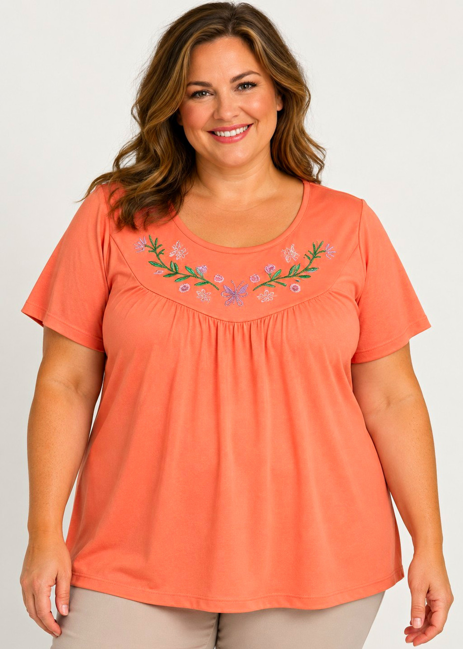 Anthony Richards Womens 2X Coral Top Floral Butterfly Embroidered Short Sleeve